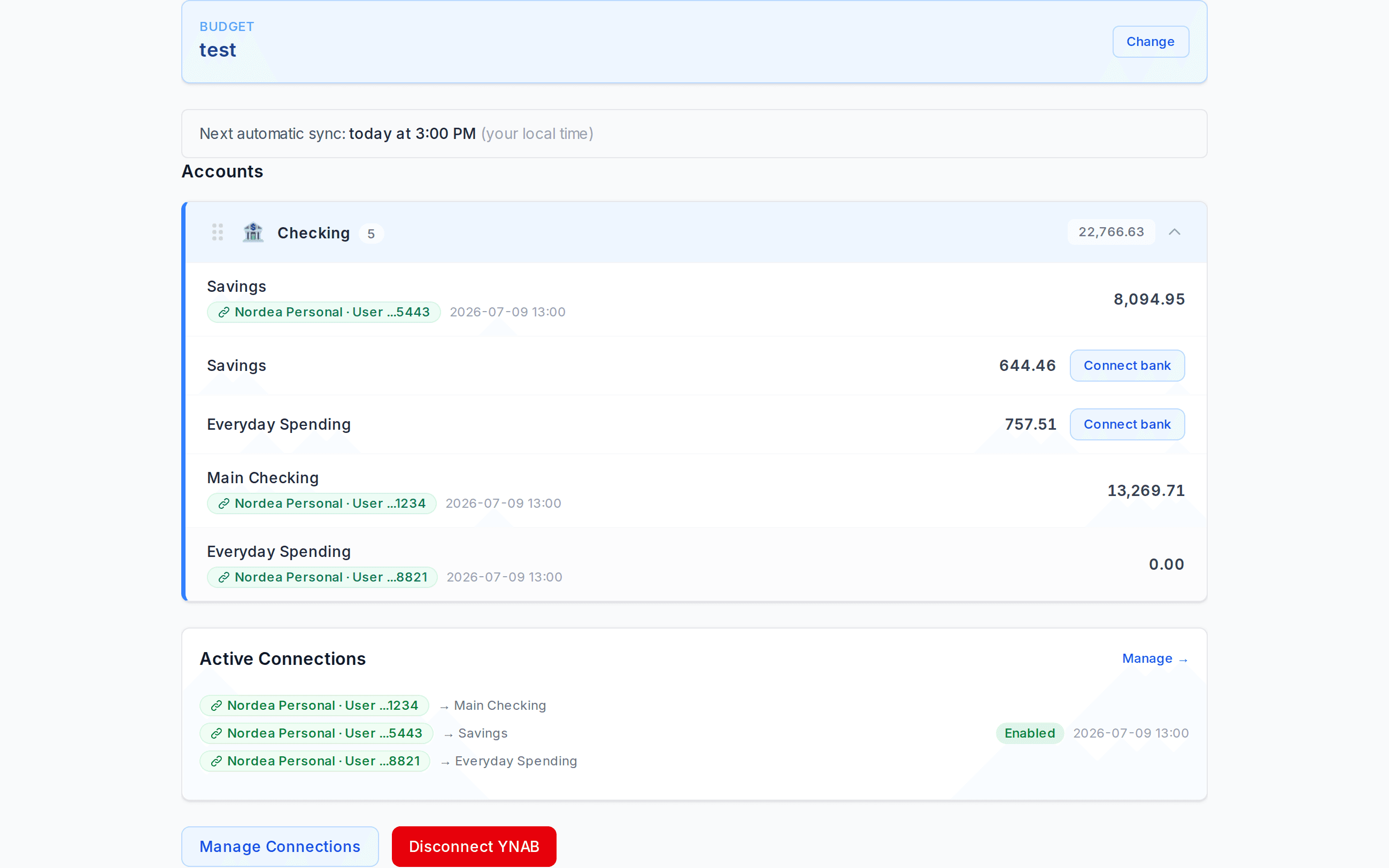 Connections page showing last synced timestamps for each bank link