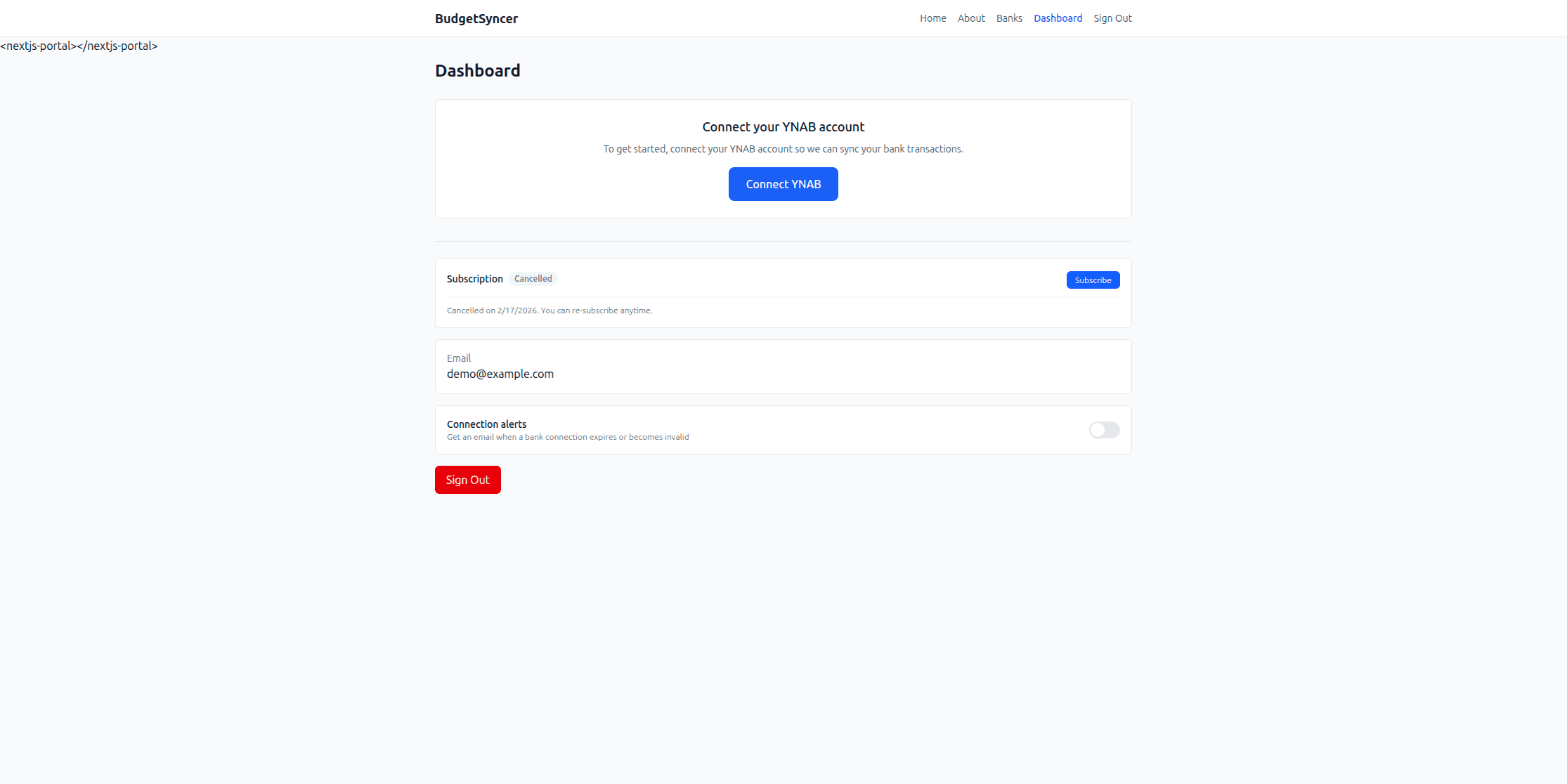 Connect Bank Screen showing Budget Selection