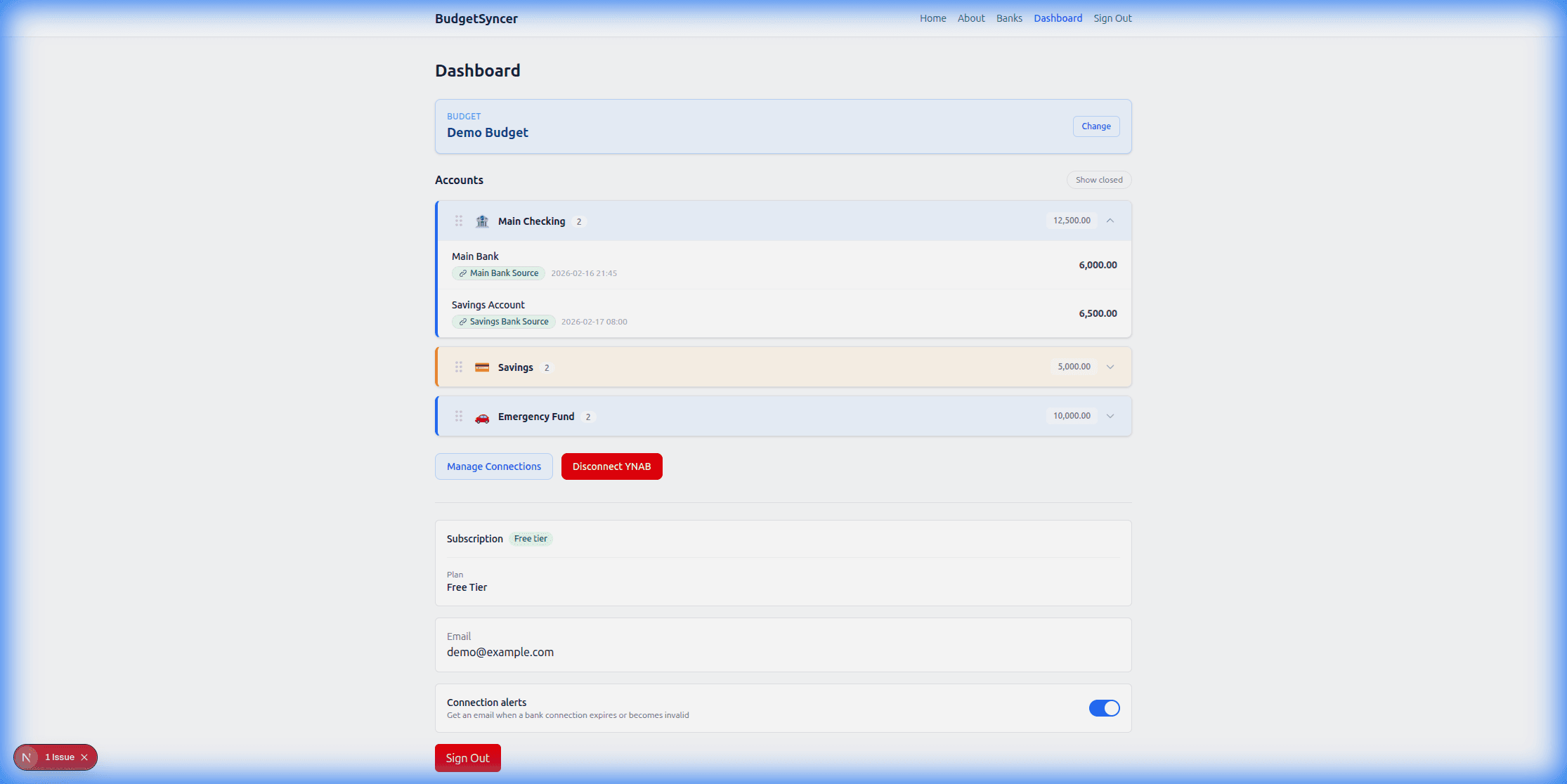Dashboard showing connected accounts